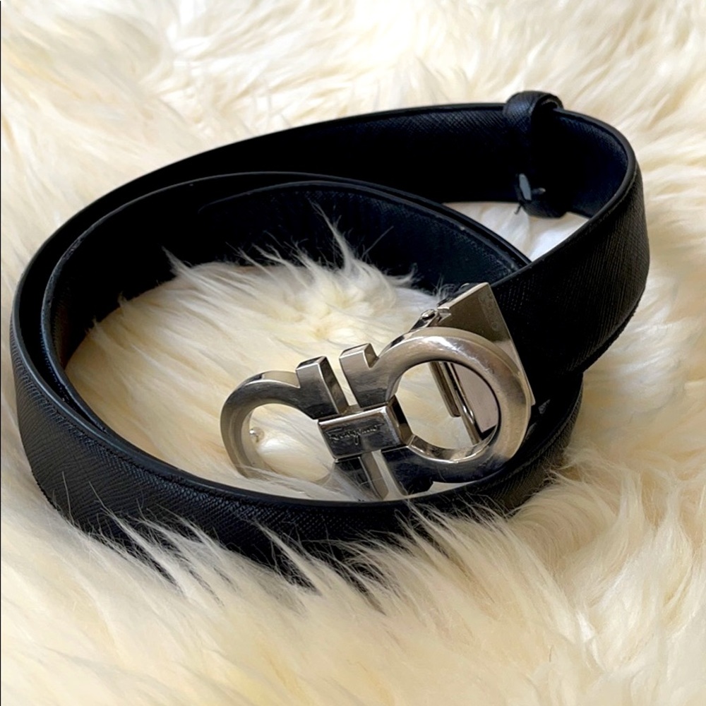 Ferragamo black belt with silver Gancini buckle